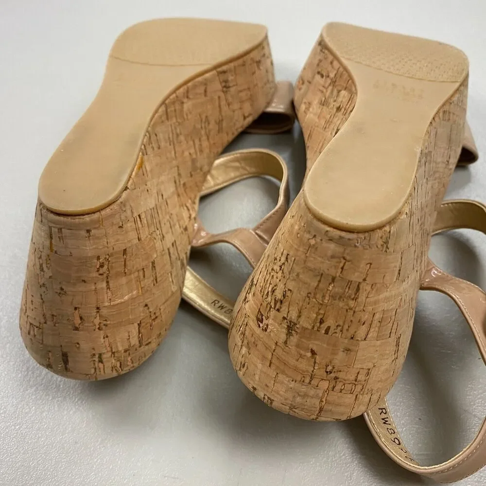 Stuart Weitzman Sandals Womens 10 Beige Cork Platform Wedge Slingback Patent - Picture 9 of 11